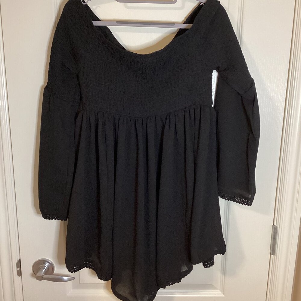 Torrid Women's Black Baby Doll Top Smocking Off-The-Shoulder Blouse Bell Sleeves